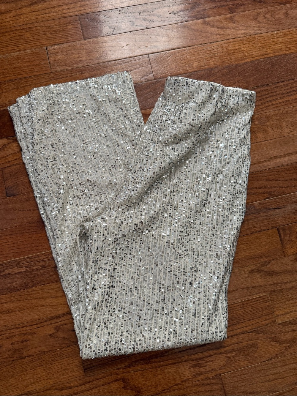 The CeCe Silver Sequin Pants Straight Leg Elastic Waist Stretchy Lined Medium